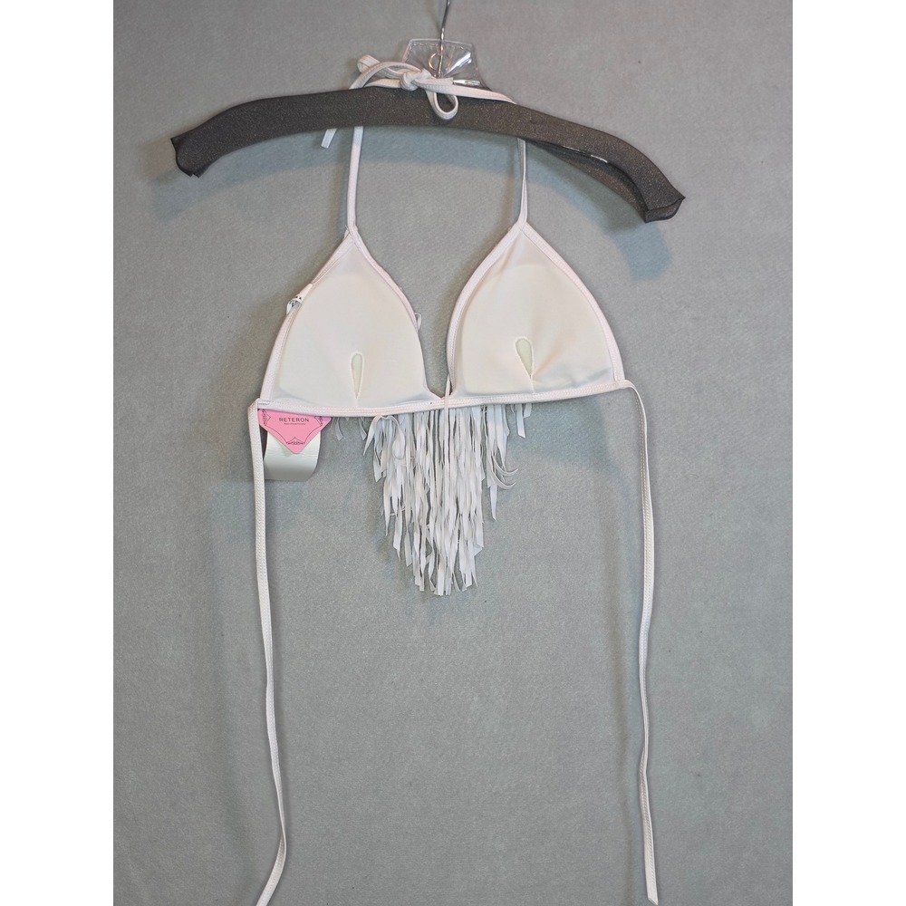 Reteron White Fringe Halter Bikini Top Small Distressed Festival Swimwear - Picture 7 of 8